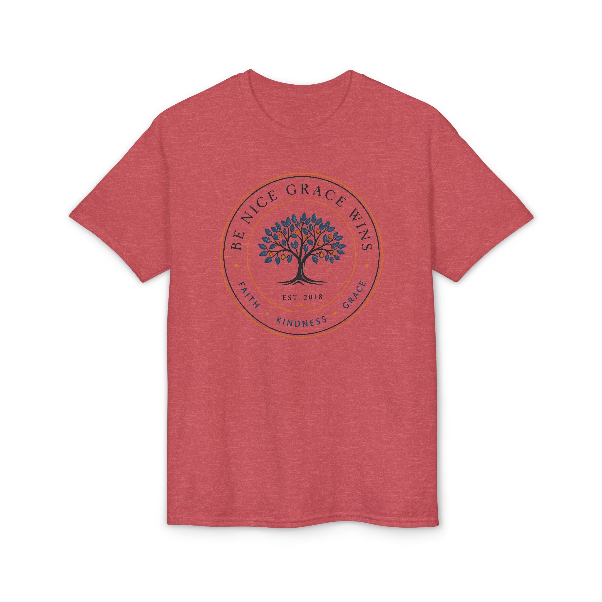Faith Kindness Grace Performance Tee in Coral, front view
