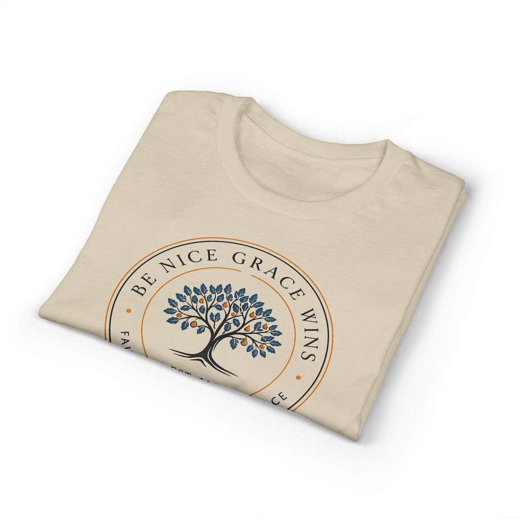 Faith Kindness Grace Performance Tee in Sand, folded view