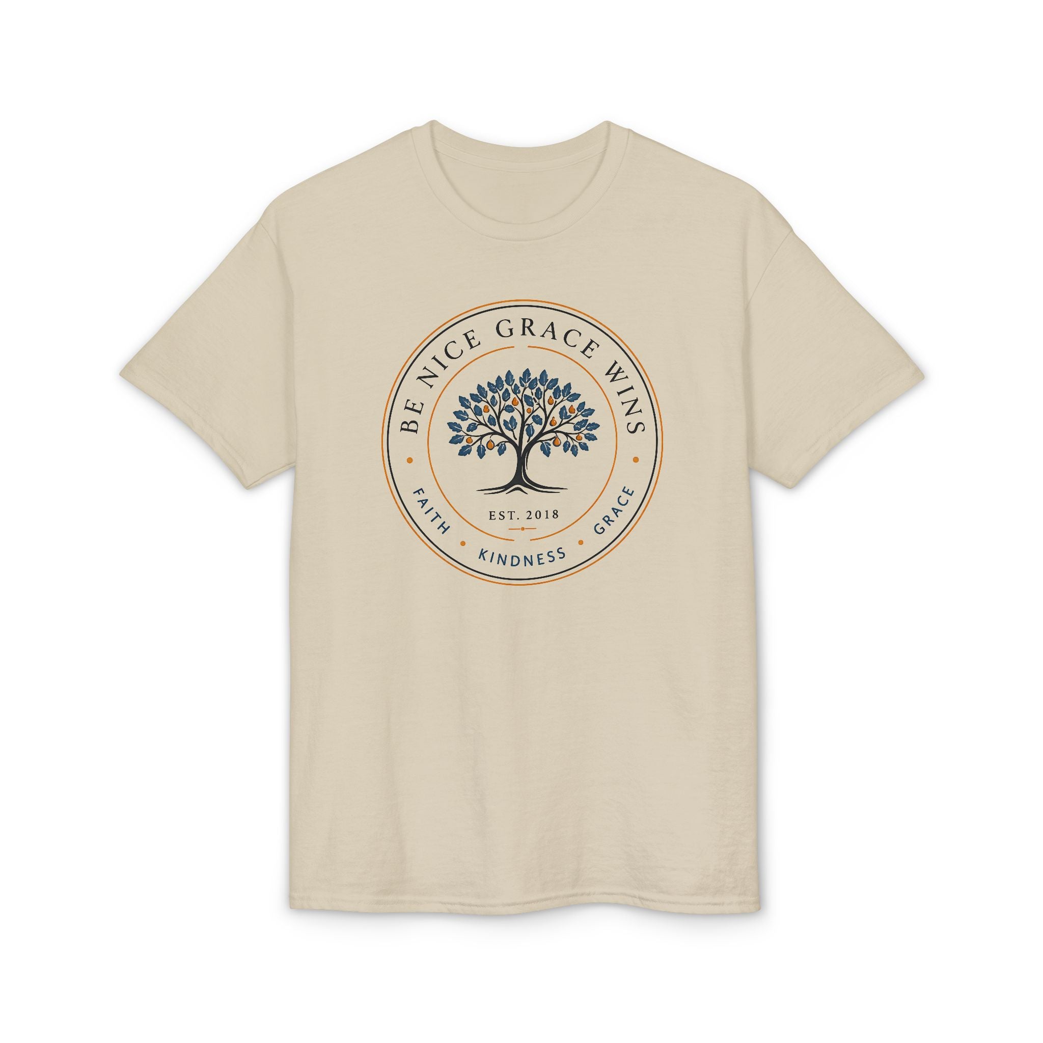 Faith Kindness Grace Performance Tee in Sand, front view