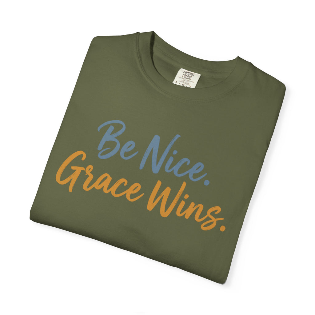 Be Nice Grace Wins Tee in Olive, folded view