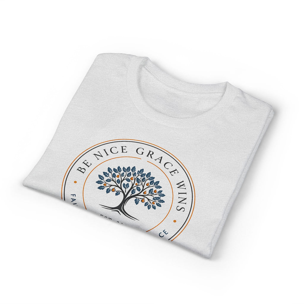 Faith Kindness Grace Performance Tee in Sport Grey, folded view