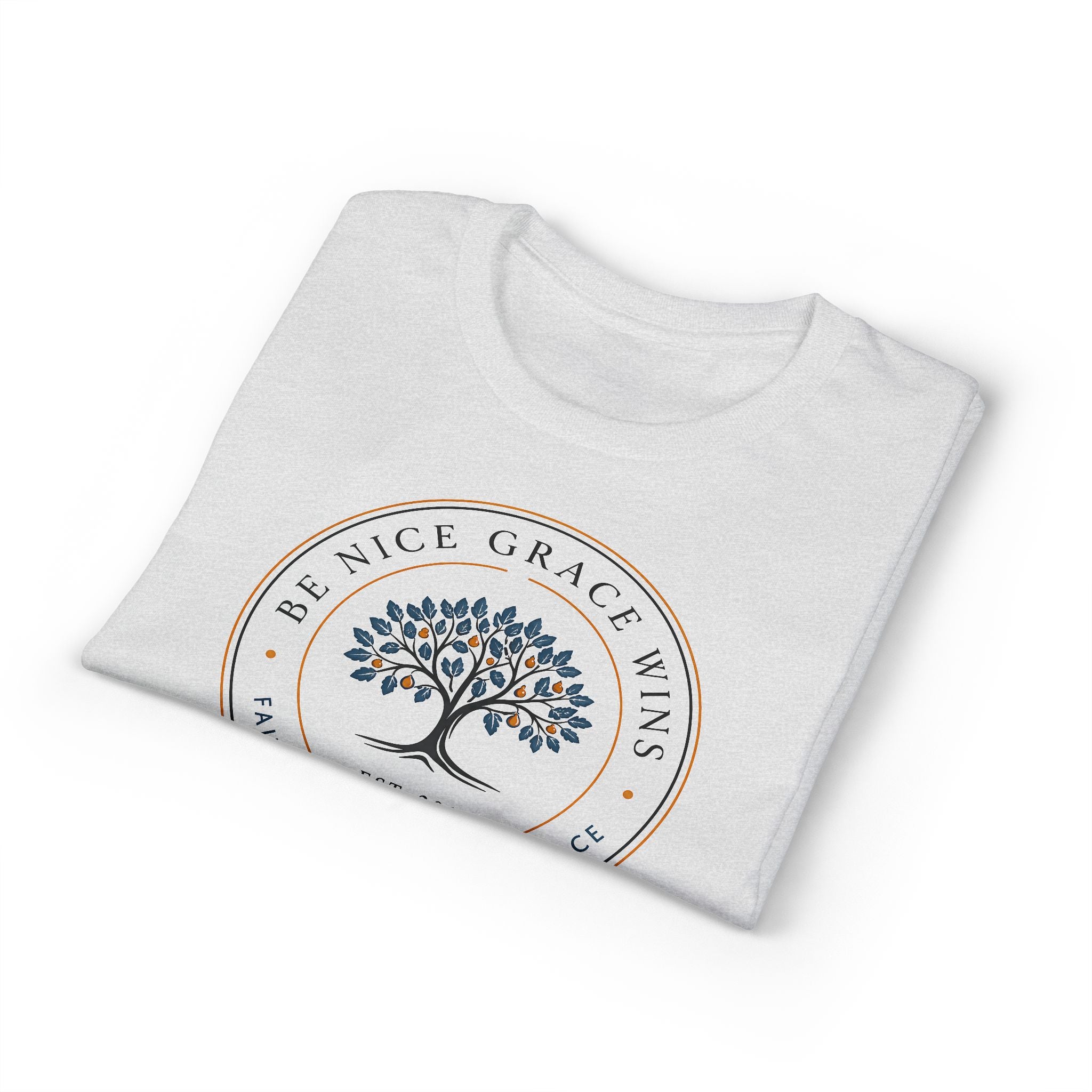 Faith Kindness Grace Performance Tee in Sport Grey, folded view
