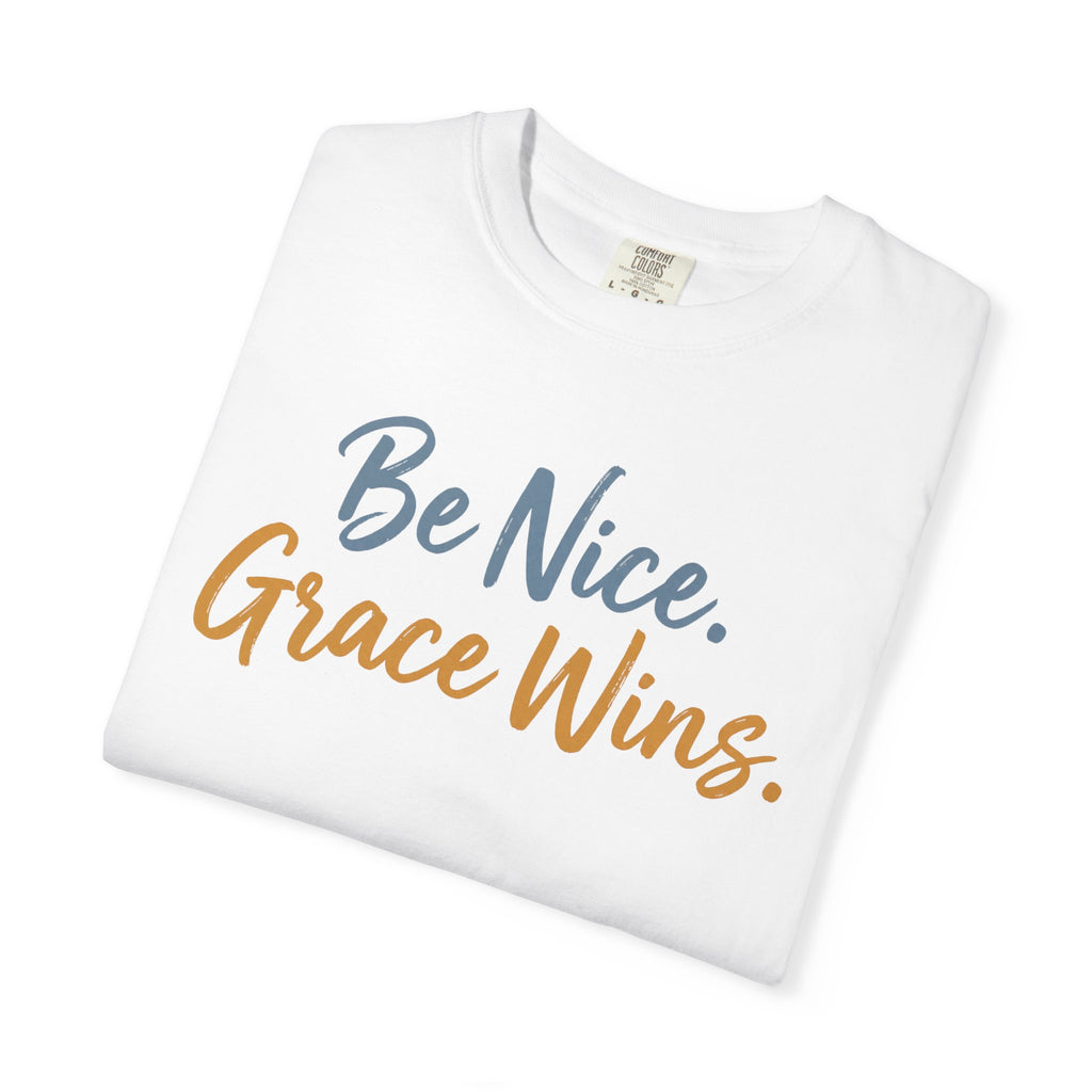 Be Nice Grace Wins Tee in White, folded view