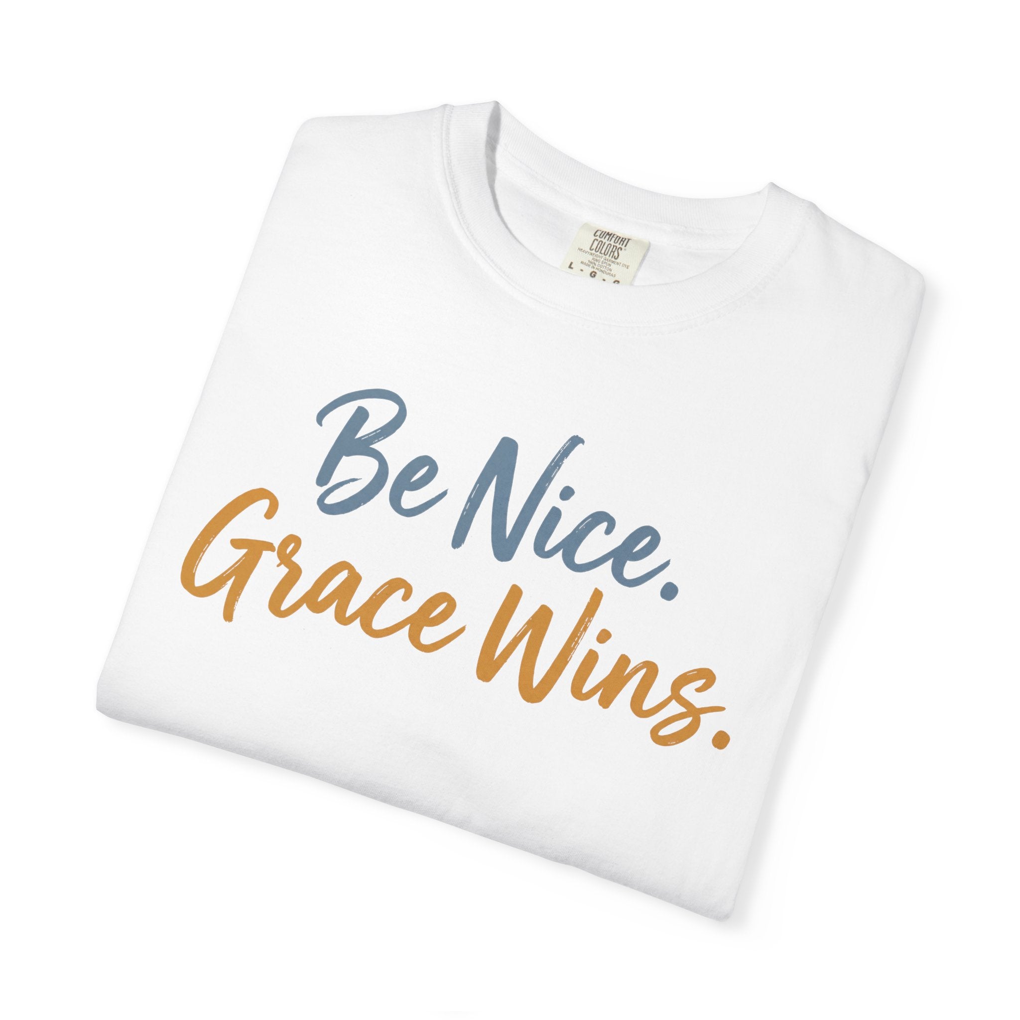 Be Nice Grace Wins Tee in White, folded view