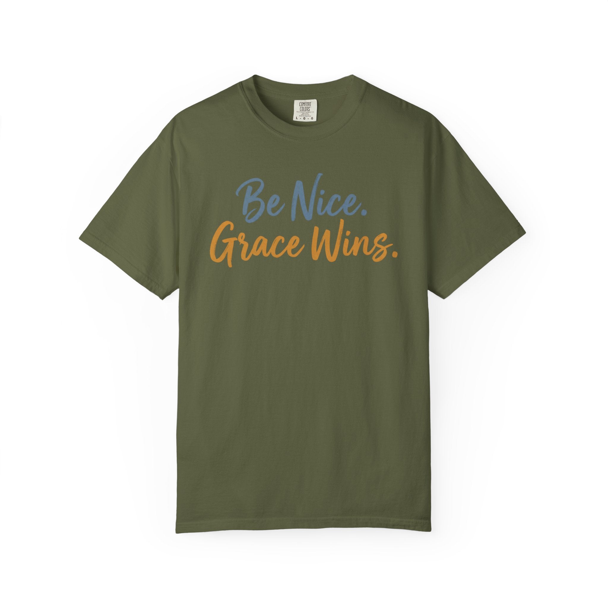 Be Nice Grace Wins Tee in Olive, front view