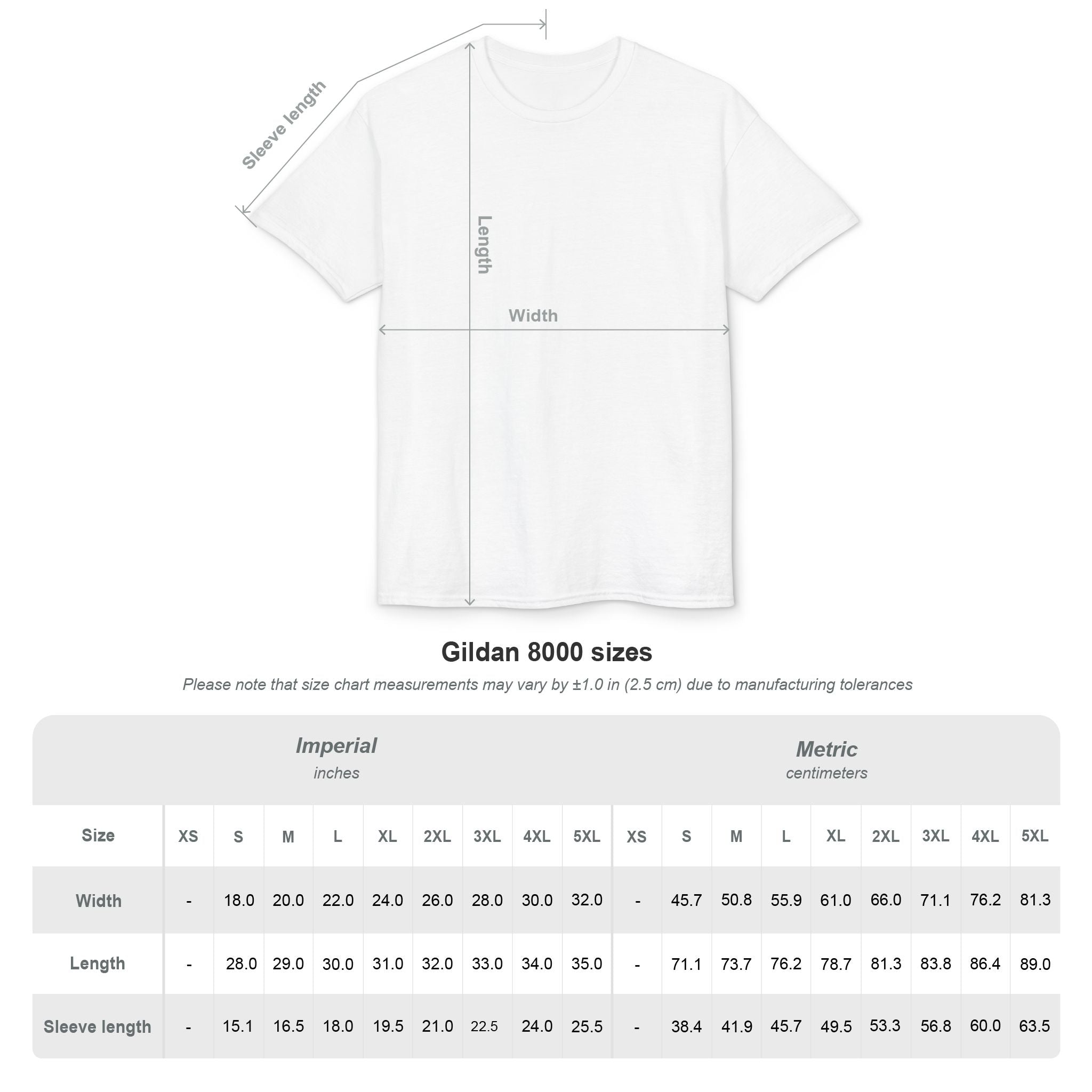 Gildan 8000 performance tee size chart