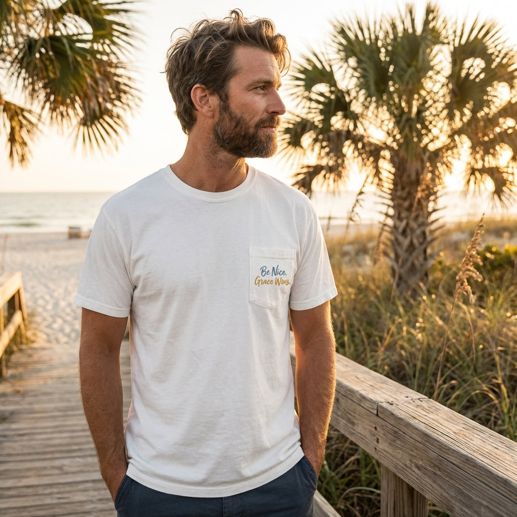 Man wearing the Everyday Pocket Tee in White on a coastal boardwalk