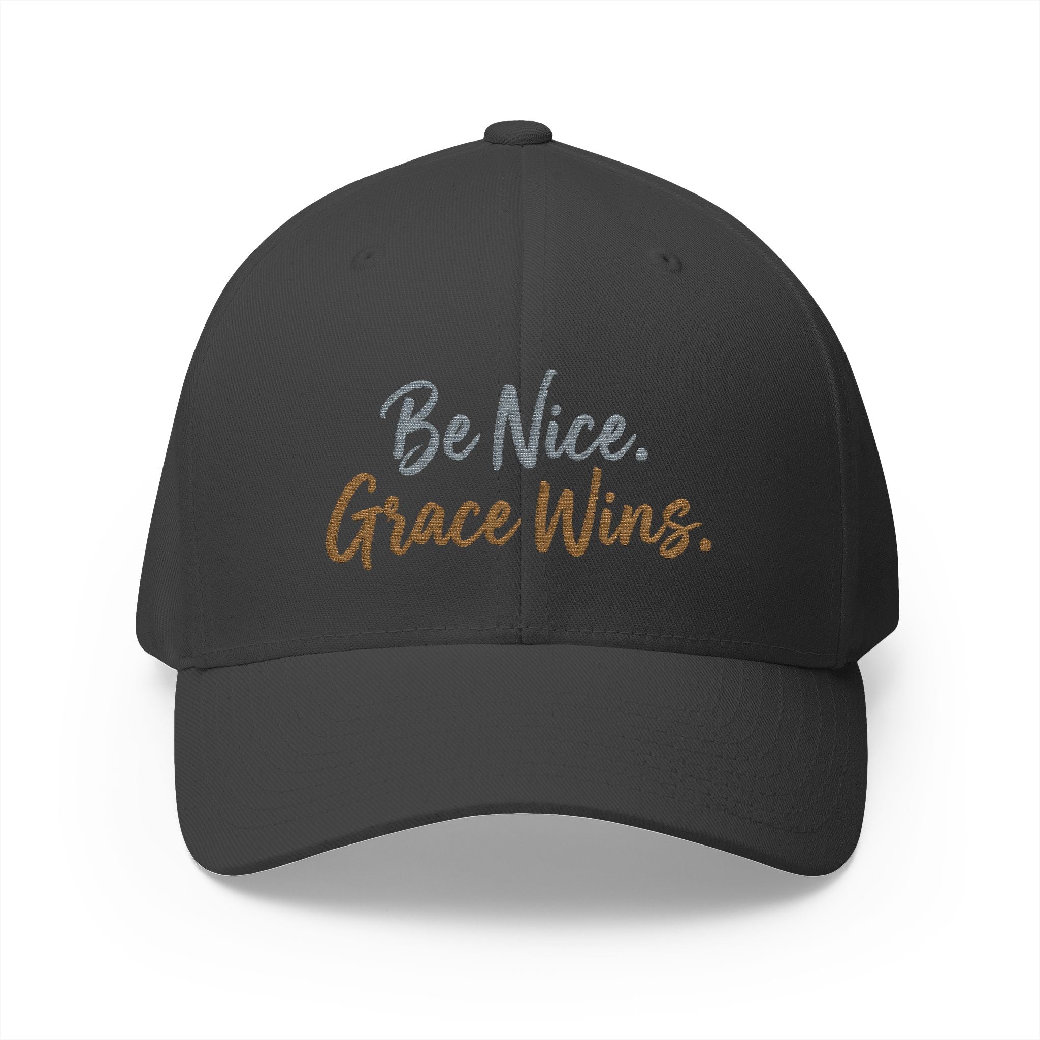 Be Nice Grace Wins Structured Cap in Black, close front view