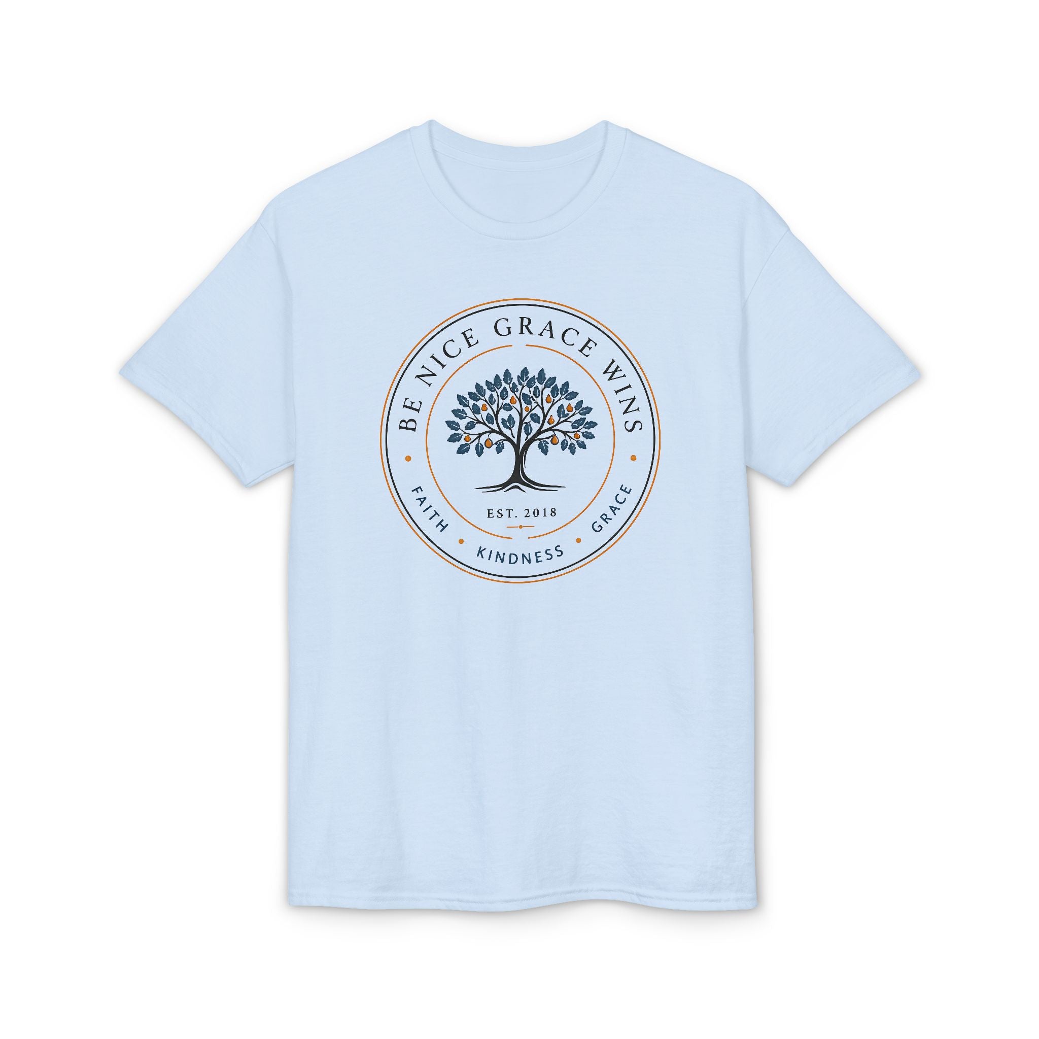 Faith Kindness Grace Performance Tee in Light Blue, front view