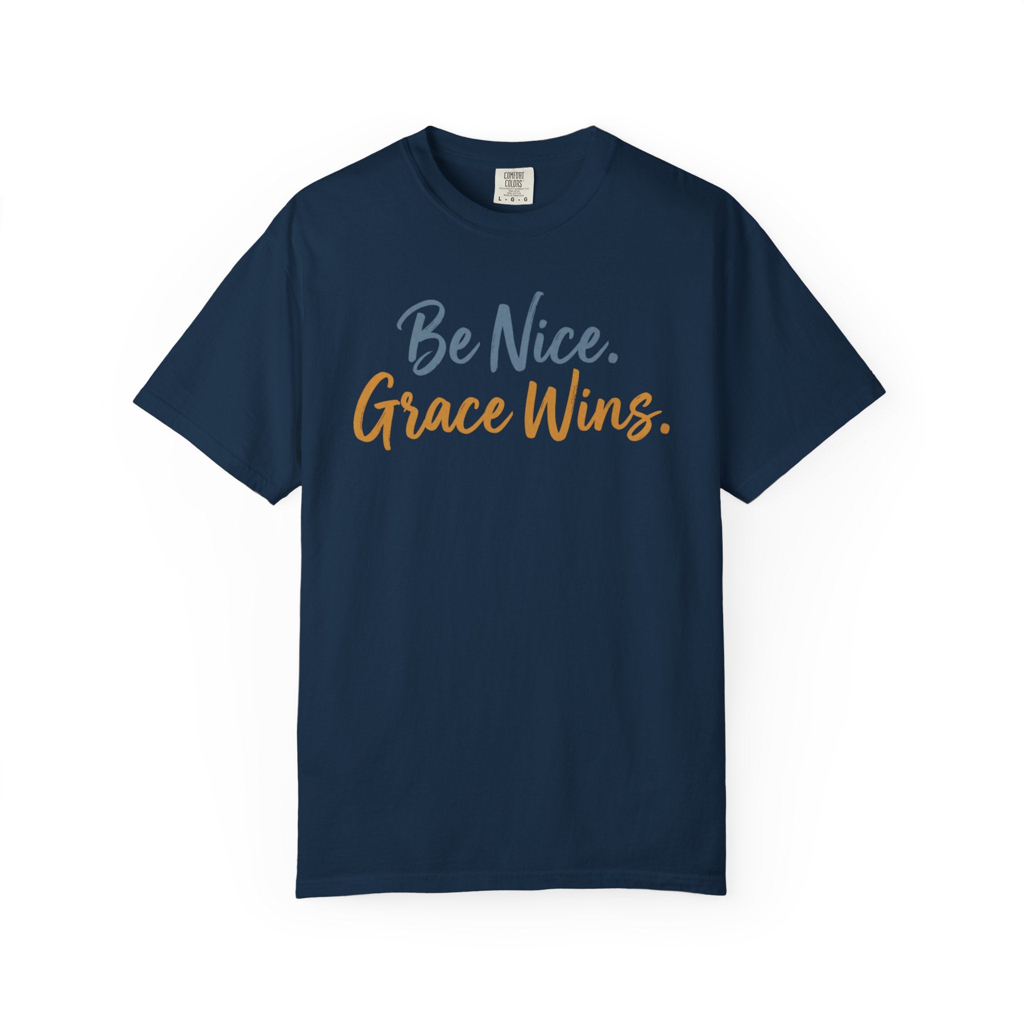 Be Nice Grace Wins Tee in Navy, front view