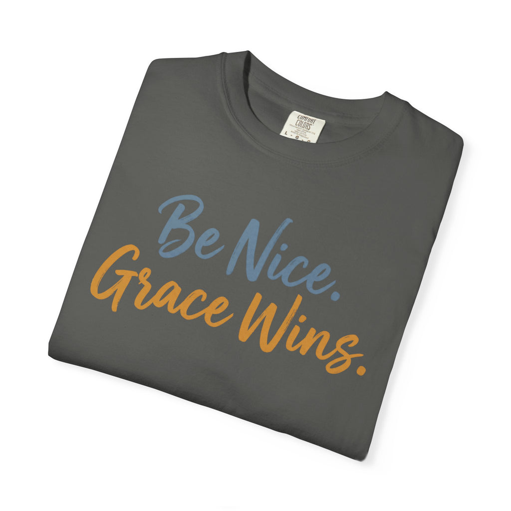 Be Nice Grace Wins Tee in Pepper, folded view