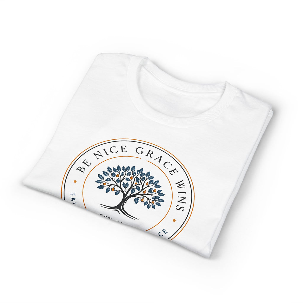 Faith Kindness Grace Performance Tee in White, folded view