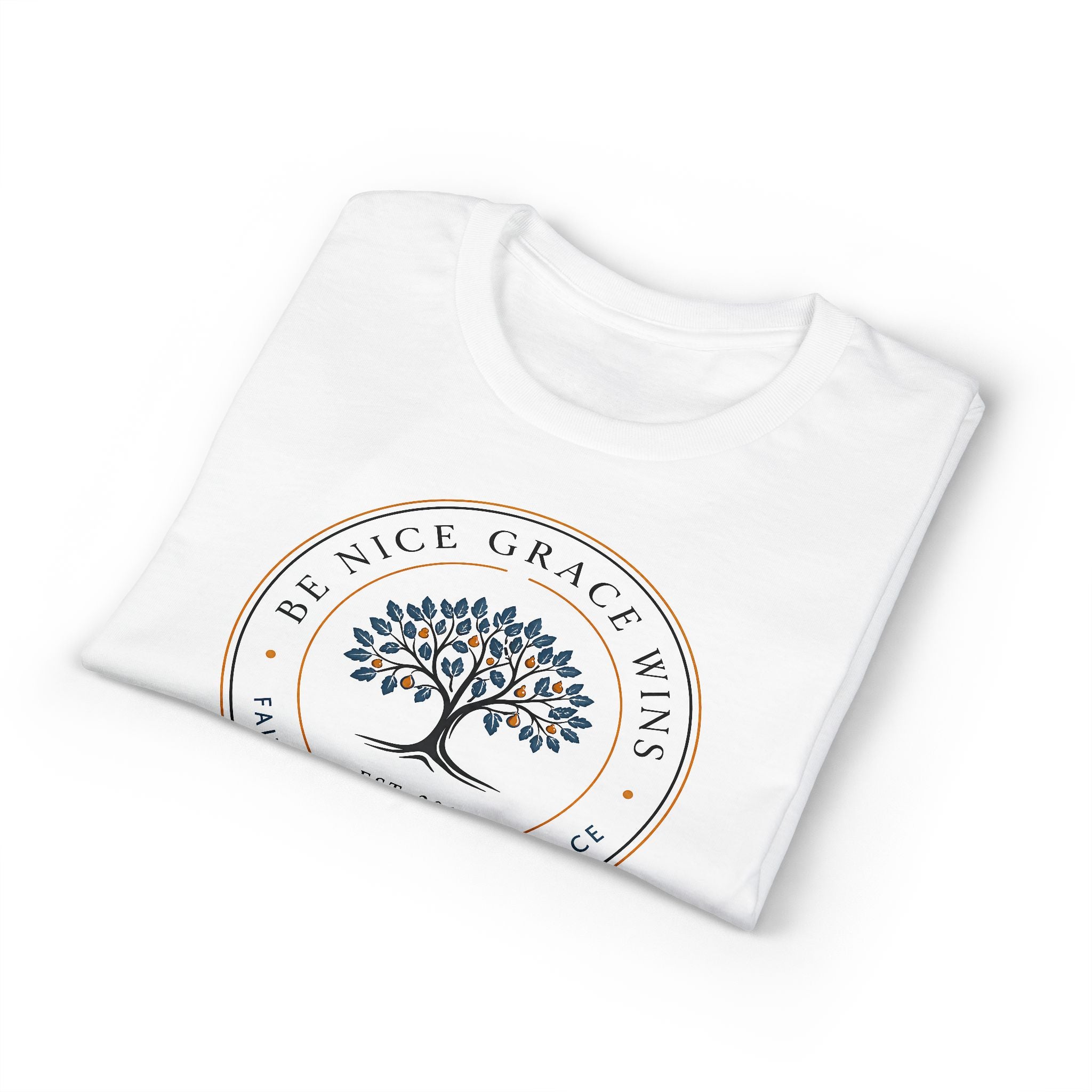 Faith Kindness Grace Performance Tee in White, folded view