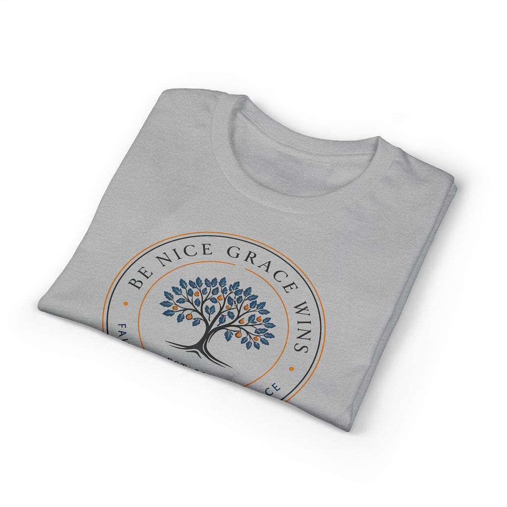 Faith Kindness Grace Performance Tee in Sport Grey, folded view