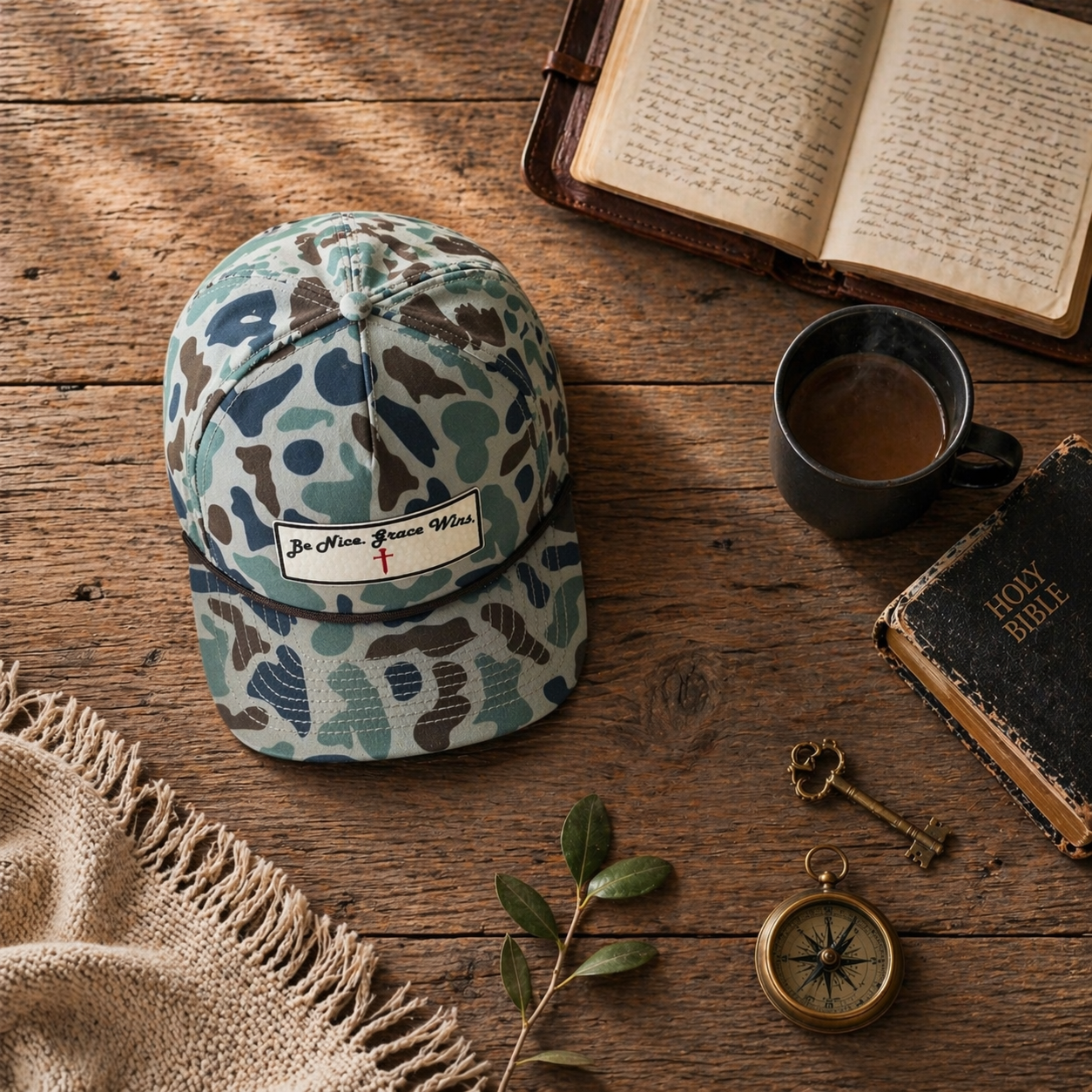 Mallard Duck Edition Hat on a table with Bible, coffee, and compass