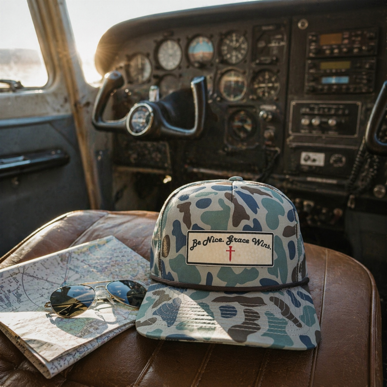Mallard Duck Edition Hat inside an airplane cockpit