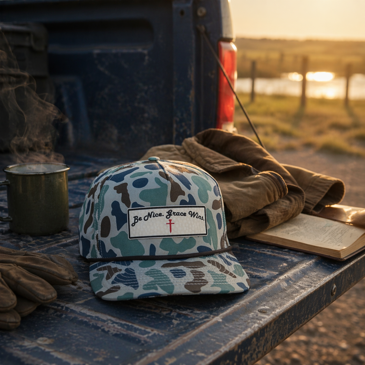 Mallard Duck Edition Hat on an outdoor tailgate at sunset
