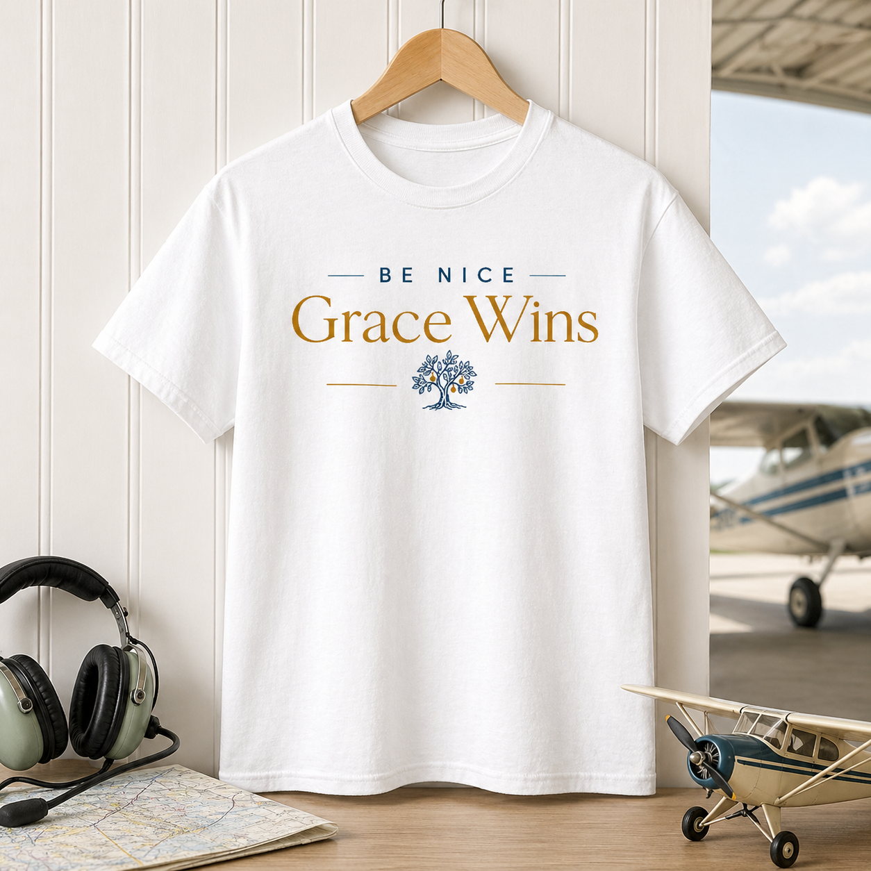 Be Nice Performance Tee in White hanging beside aviation gear