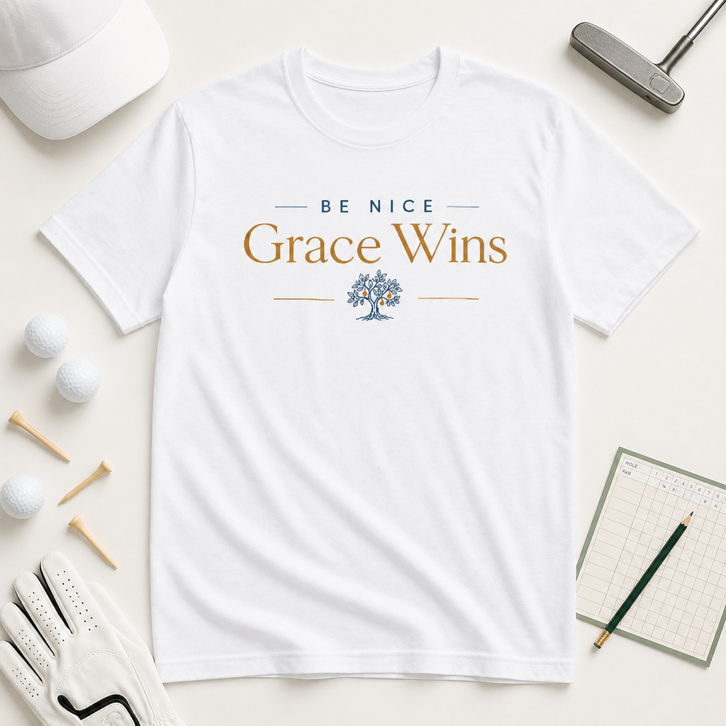 Be Nice Performance Tee in White laid flat with golf gear