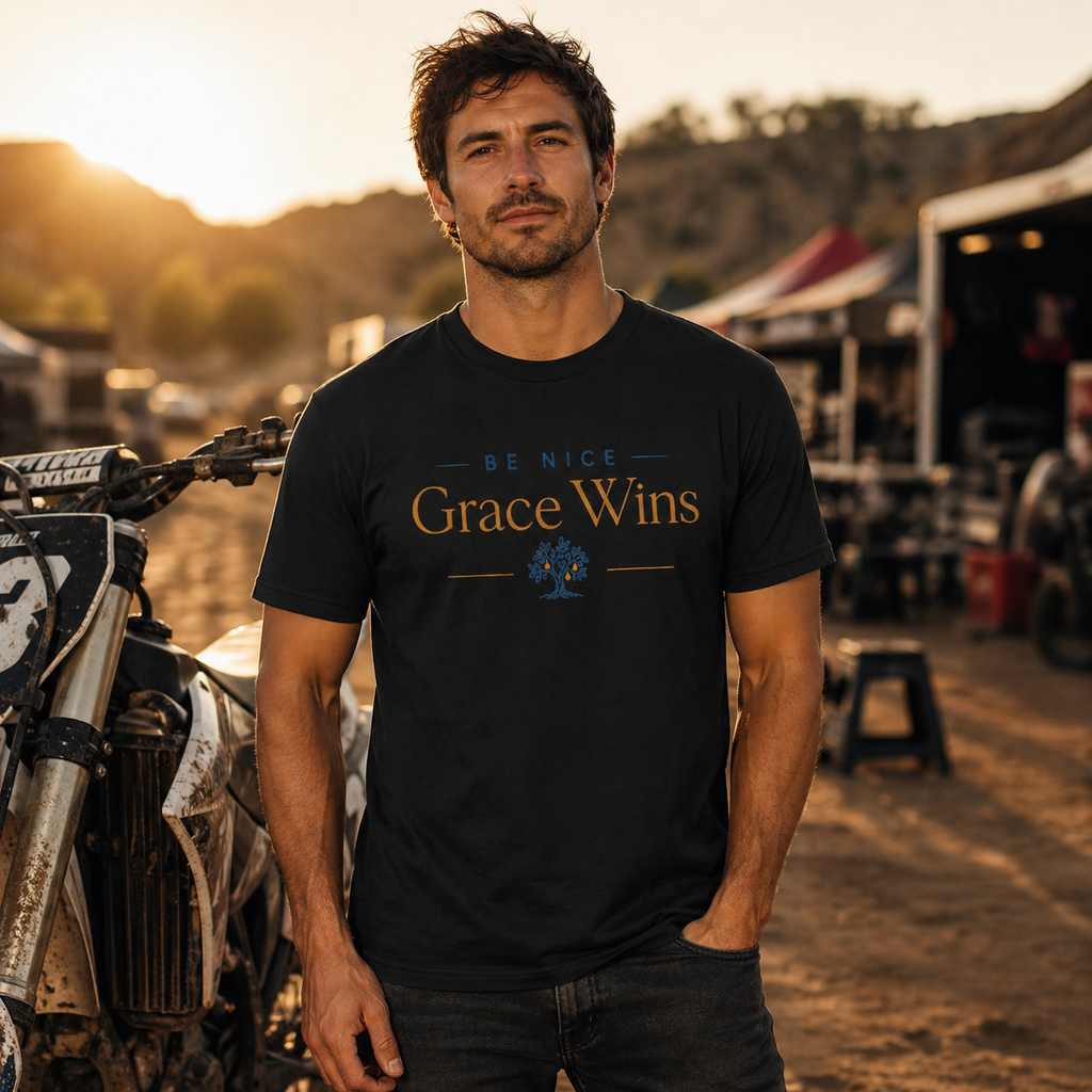 Man wearing the Be Nice Performance Tee in Black near motocross bikes