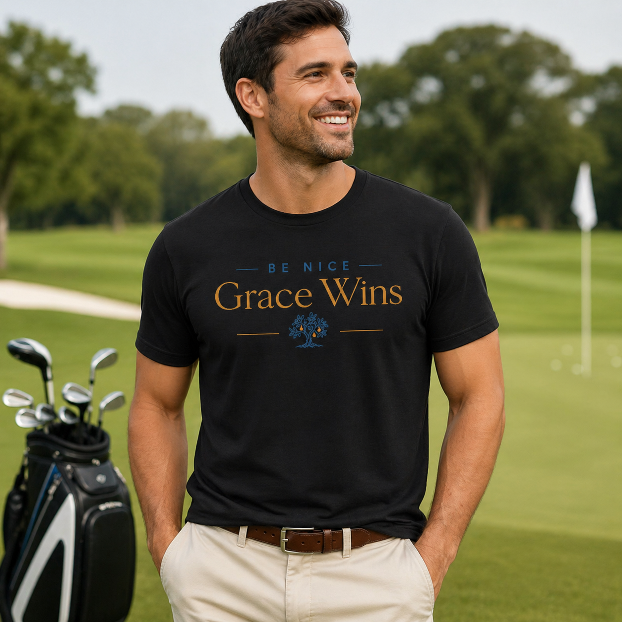 Man wearing the Be Nice Performance Tee in Black on a golf course