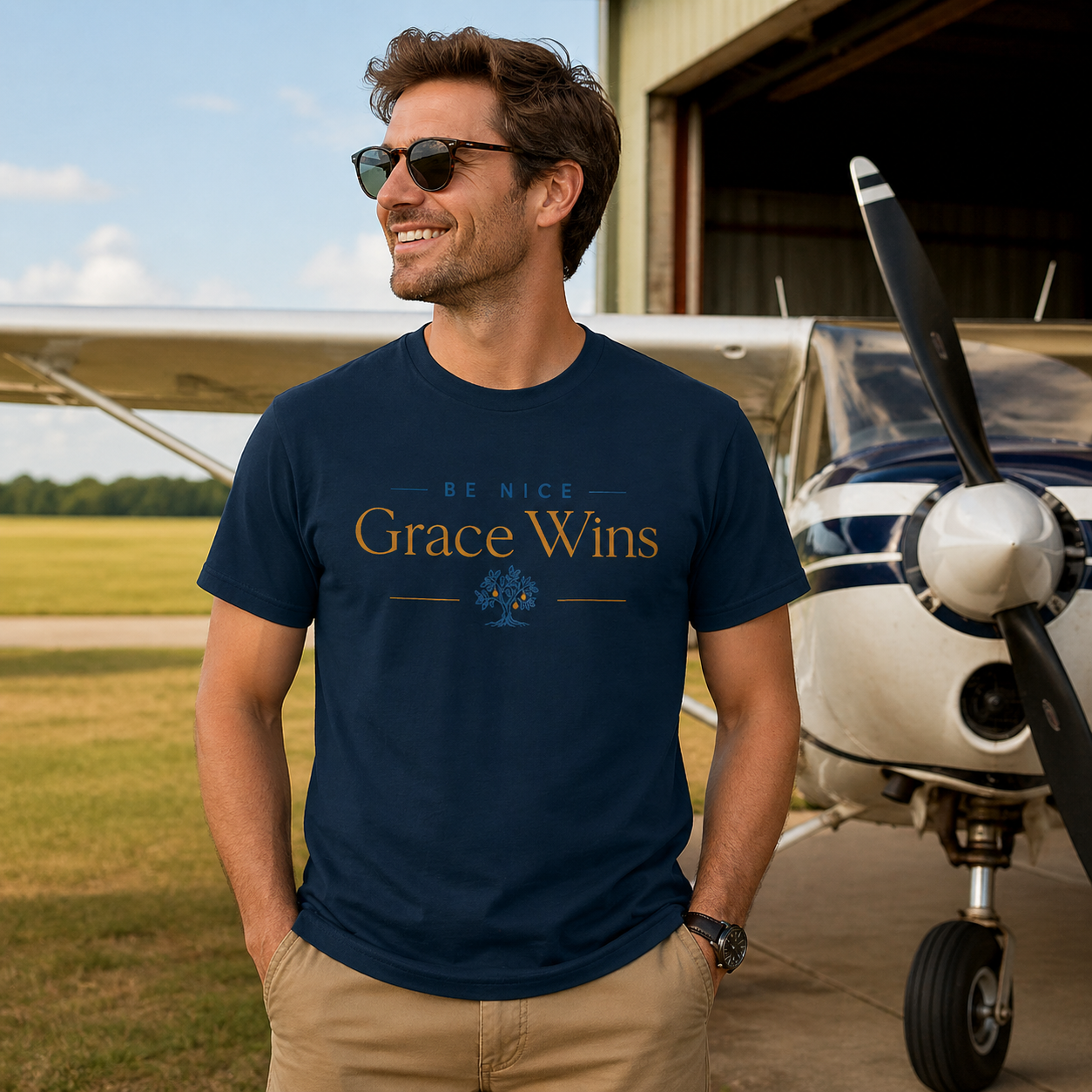 Man wearing the Be Nice Performance Tee in Navy beside an airplane