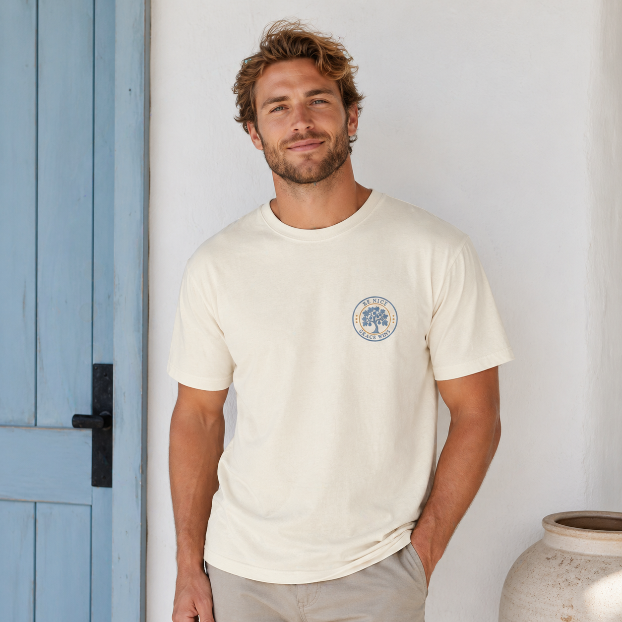 Man wearing the Fig Tree Pocket Tee in Ivory indoors