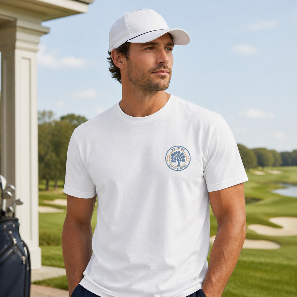 Man wearing the Fig Tree Pocket Tee in White on a golf course