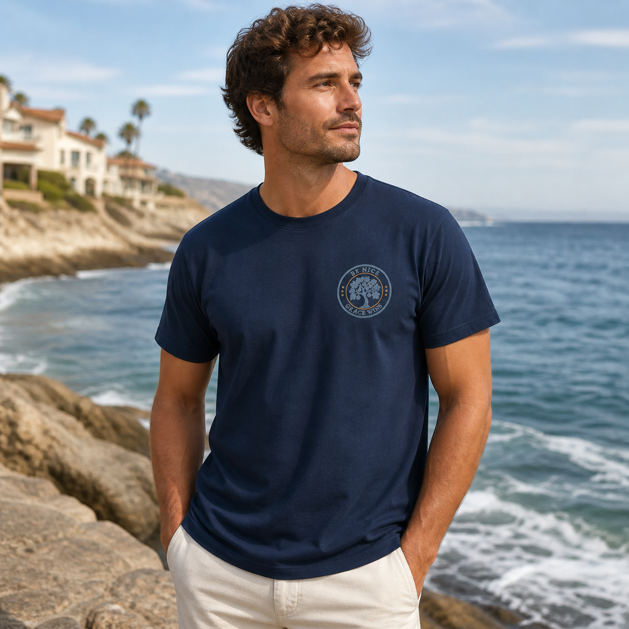Man wearing the Fig Tree Pocket Tee in Navy by the coast
