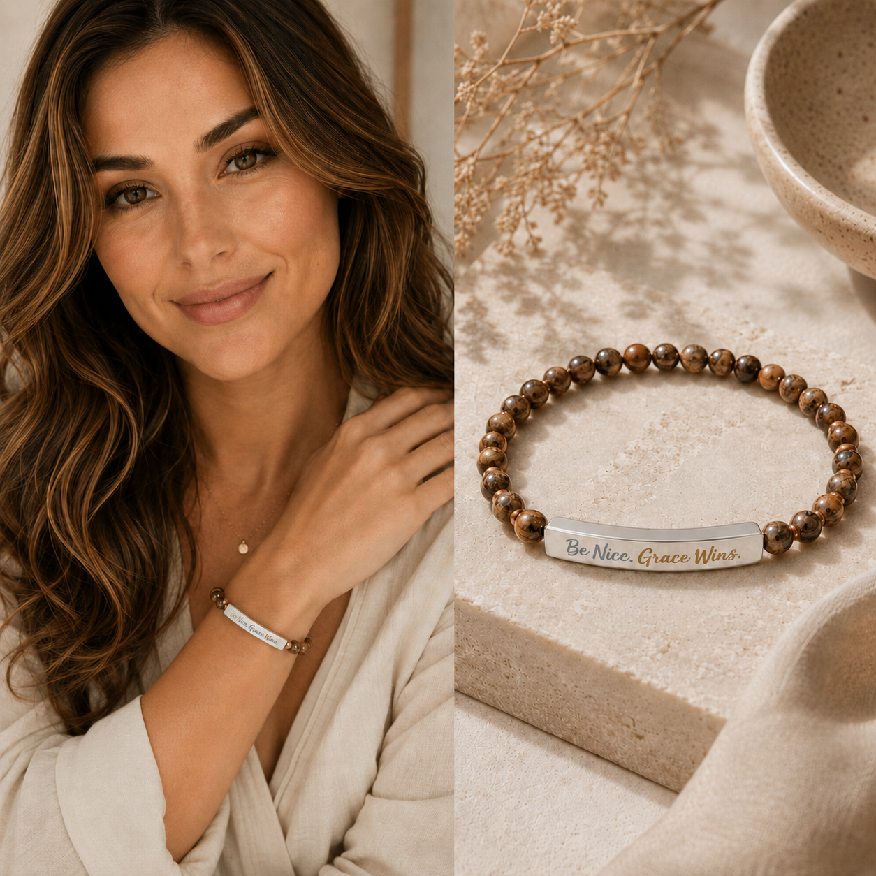 Be Nice Stone Bracelet Picture Jasper styled on model