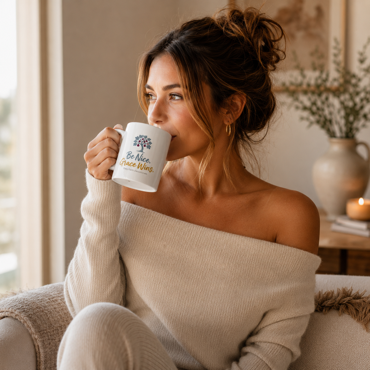 Woman holding the Be Nice Grace Wins Ceramic Mug by a sunny window
