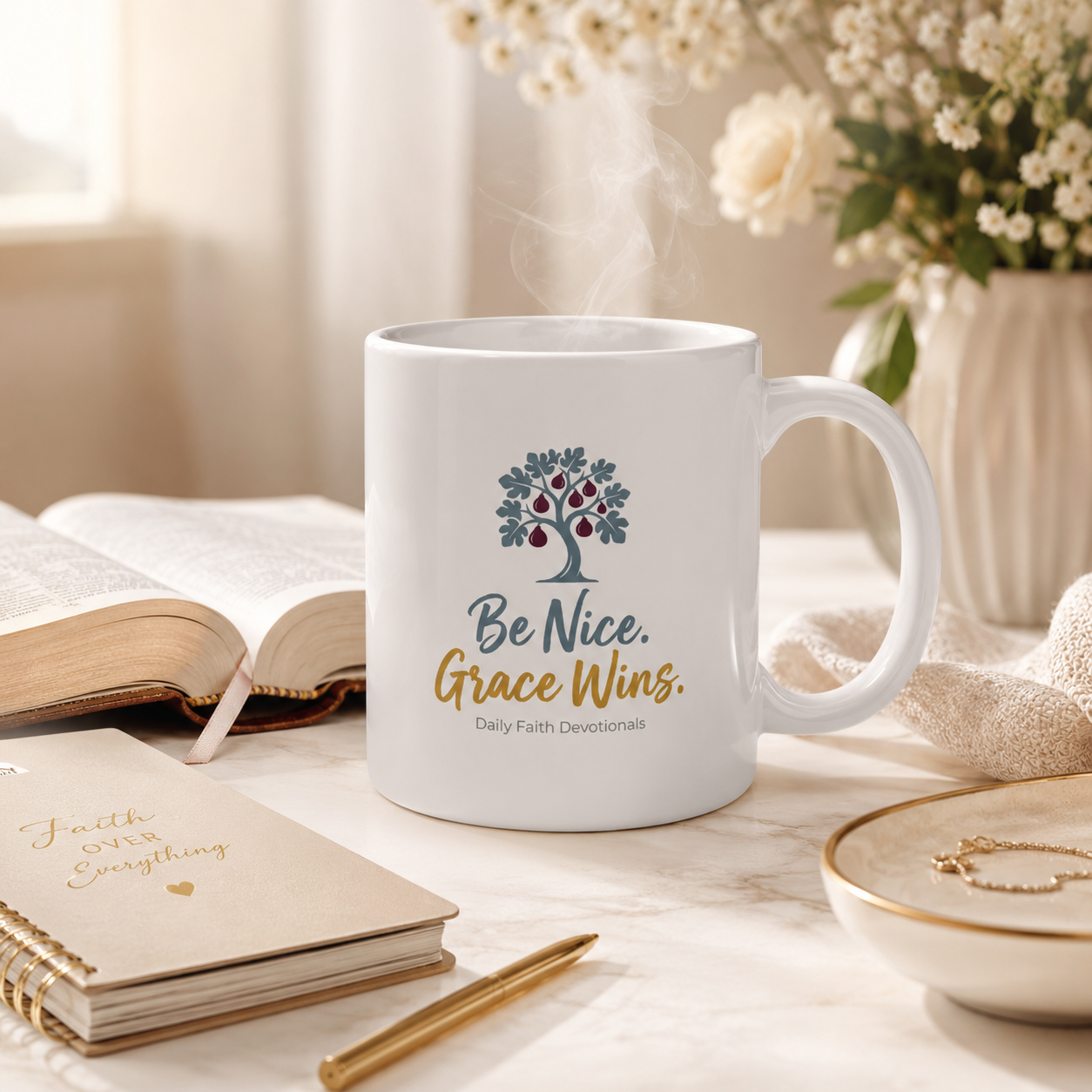 Be Nice Grace Wins Ceramic Mug on a devotional desk with journal and flowers