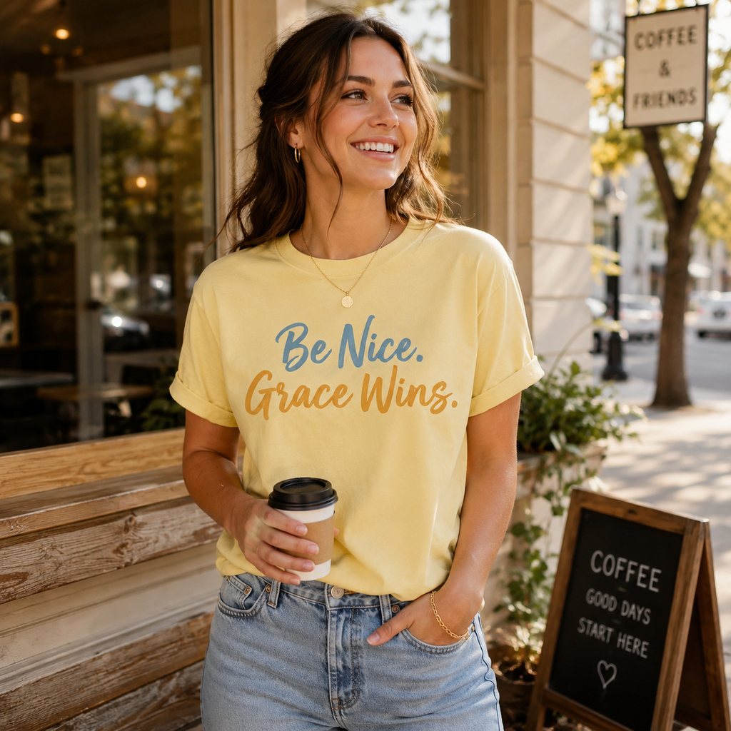 Woman wearing the Be Nice Grace Wins Tee in Butter outside a coffee shop