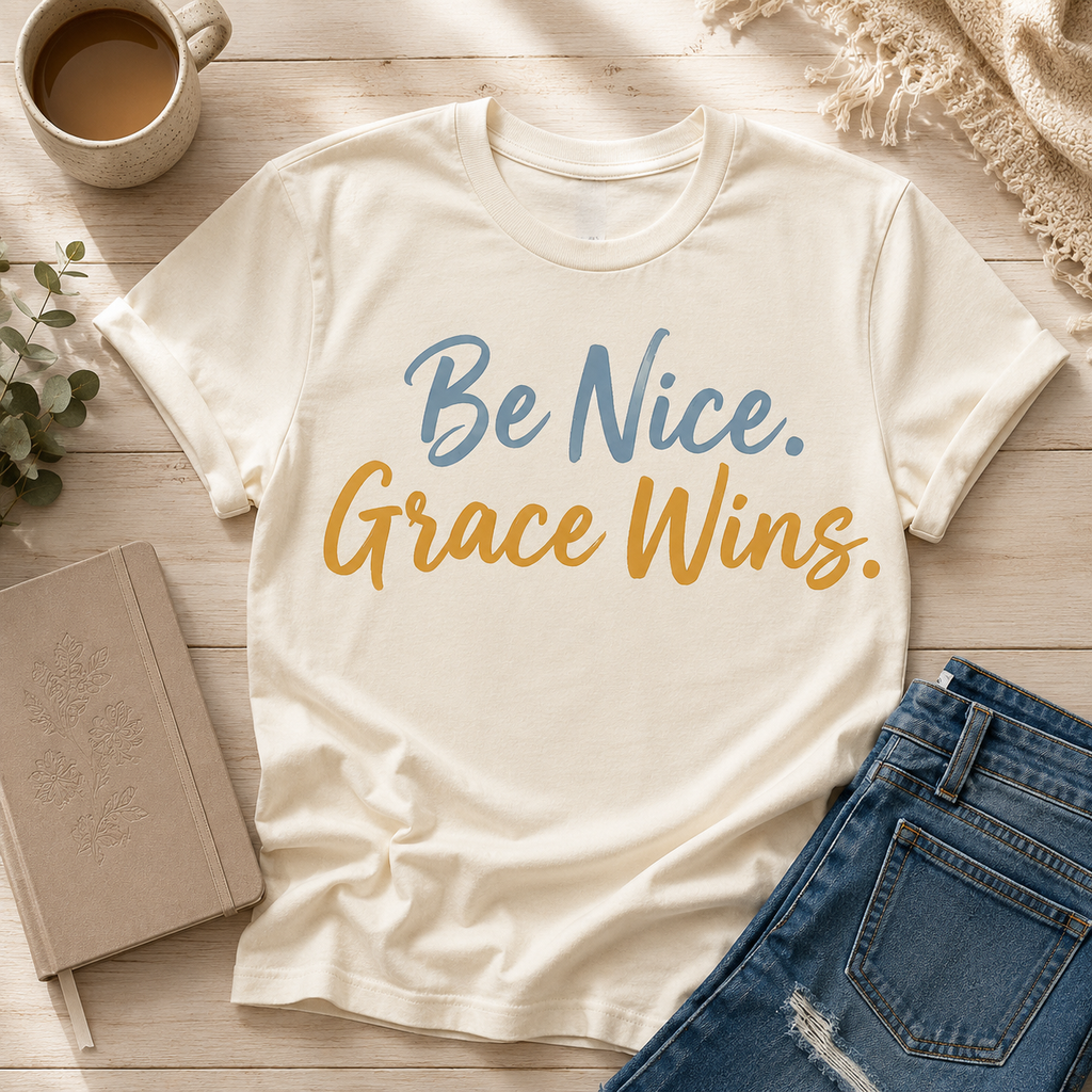 Be Nice Grace Wins Tee in Ivory styled with coffee and denim
