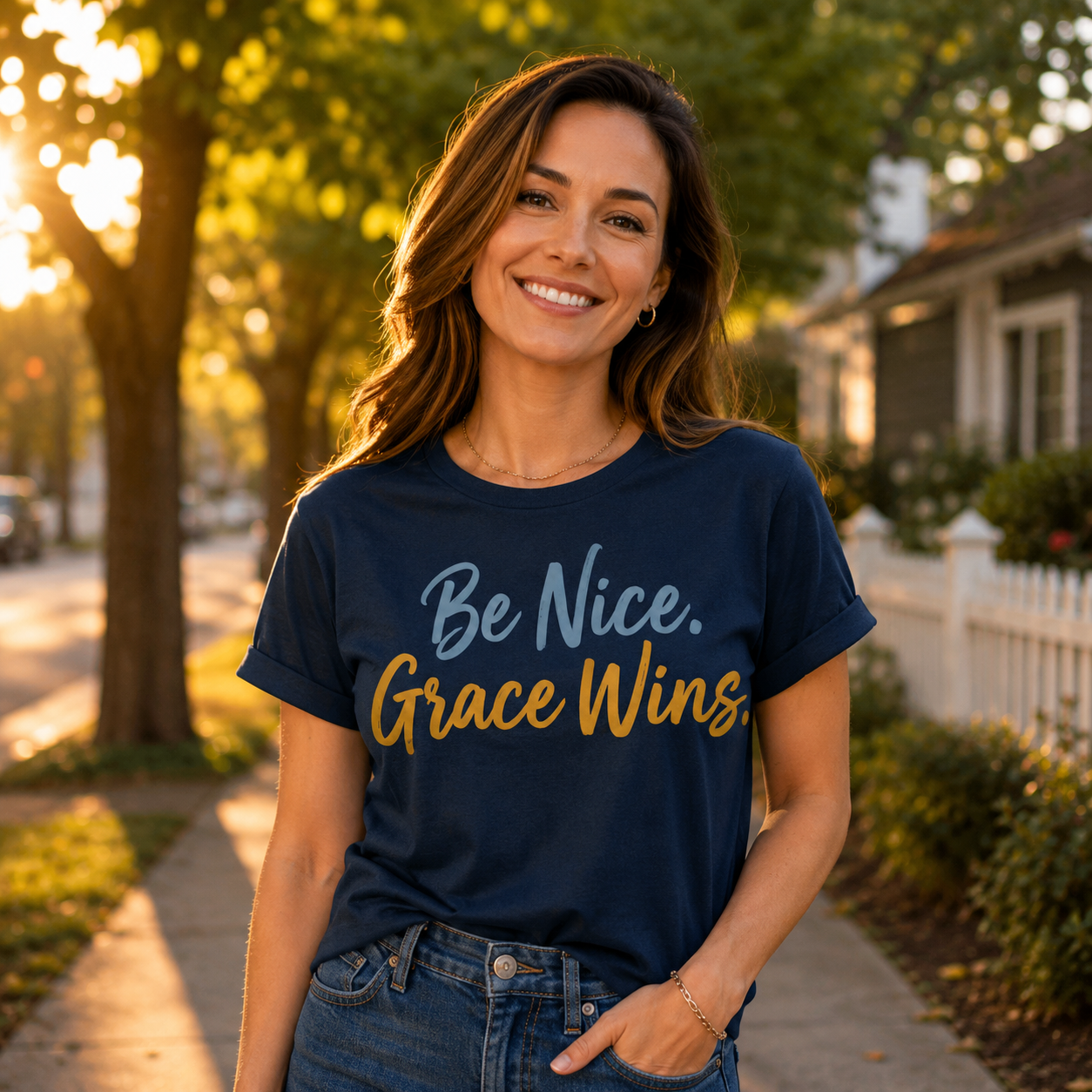 Woman wearing the Be Nice Grace Wins Tee in Navy on a sunny neighborhood sidewalk