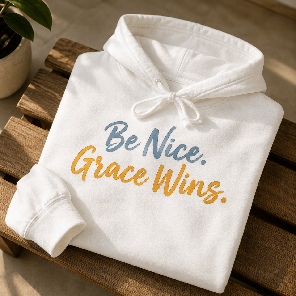 Be Nice Grace Wins Hoodie in White folded on a wooden bench
