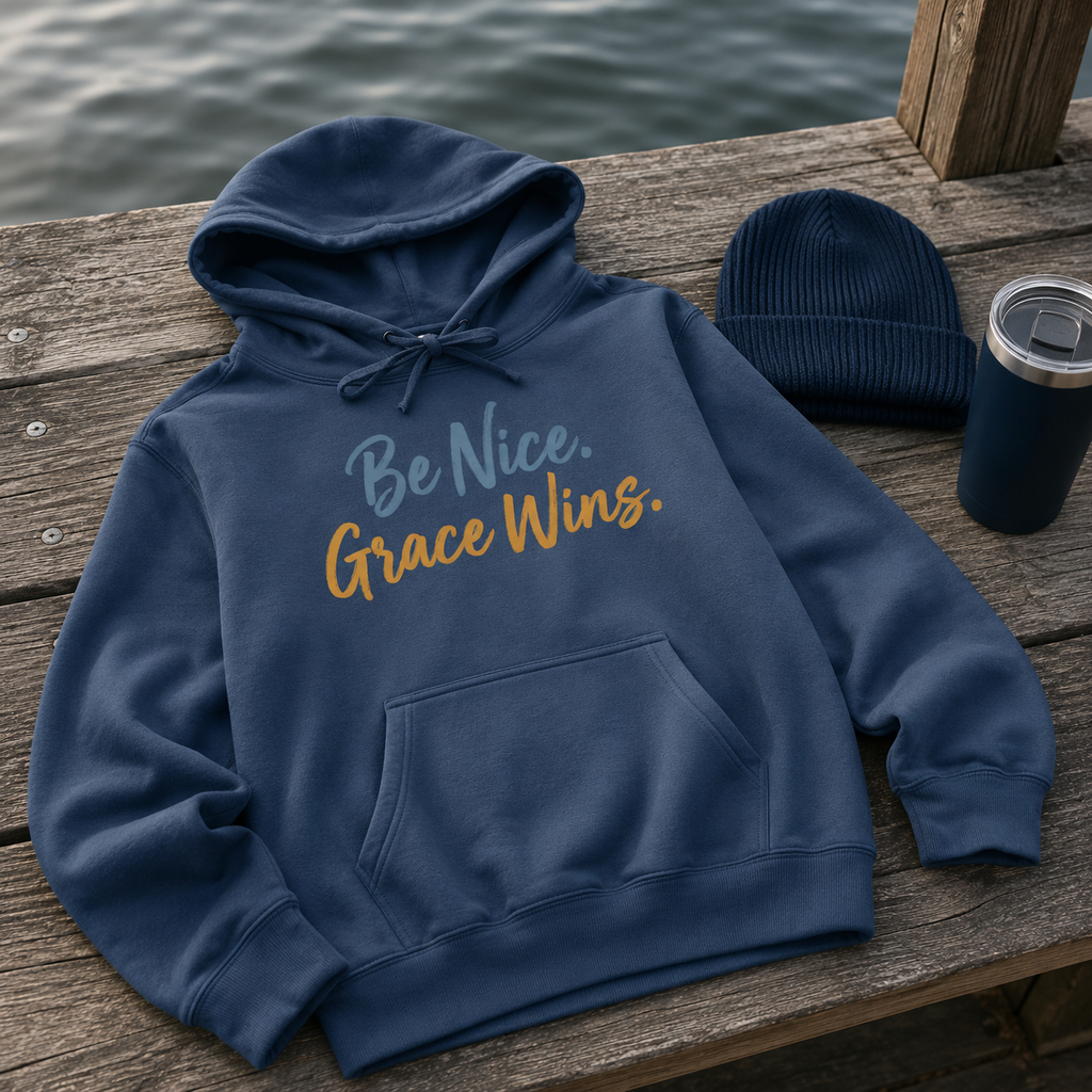 Be Nice Grace Wins Hoodie in Blue styled on a dock with a beanie and cup