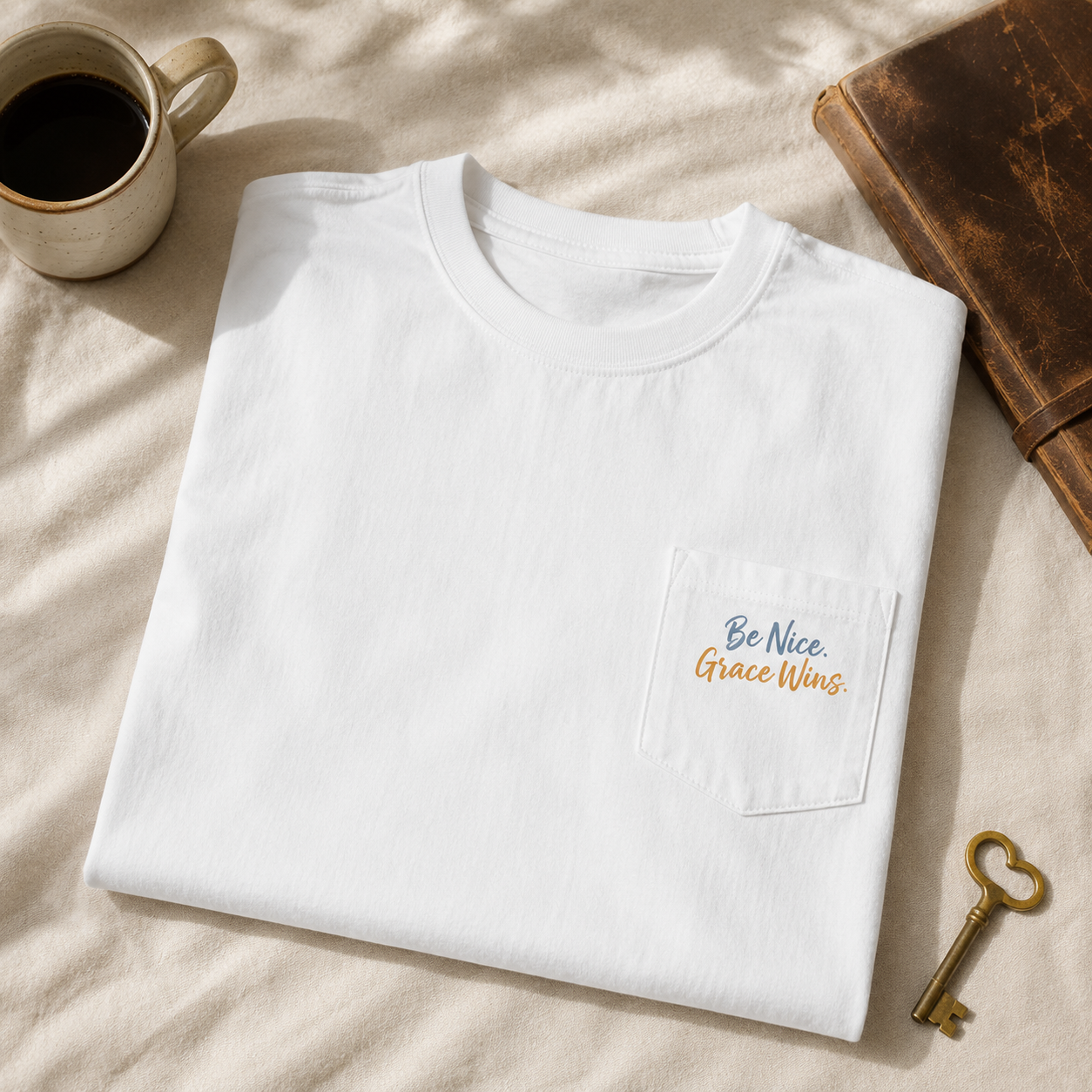 Everyday Pocket Tee in White folded with coffee, journal, and key