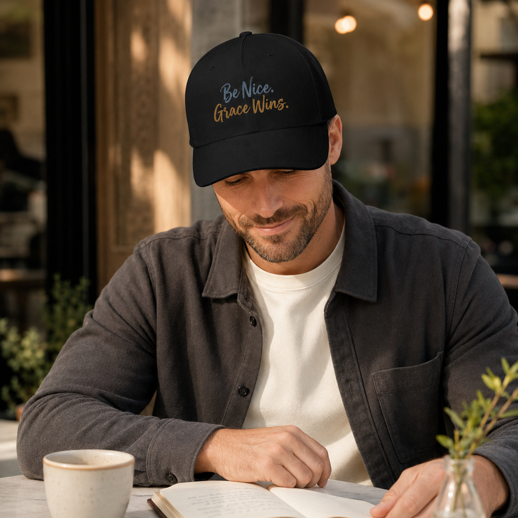 Man wearing the Be Nice Grace Wins Structured Cap in Black at a cafe table