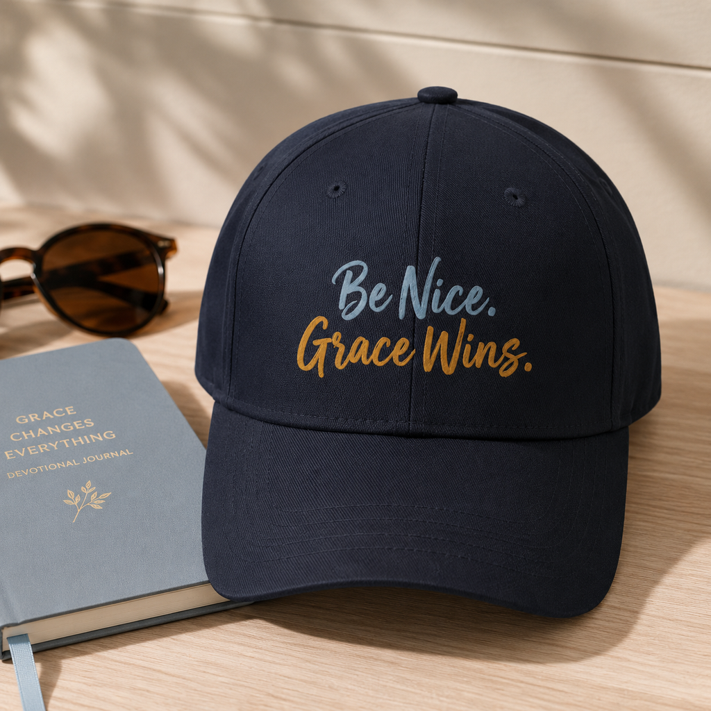 Be Nice Grace Wins Structured Cap in Navy styled with sunglasses and a devotional book