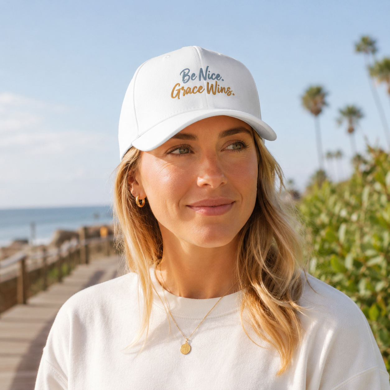 Woman wearing the Be Nice Grace Wins Structured Cap in White near a coastal boardwalk
