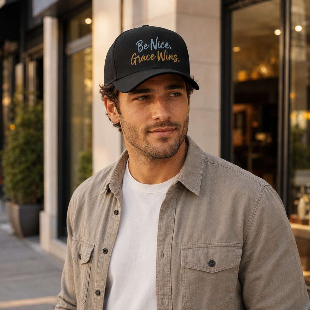 Man wearing the Be Nice Grace Wins Structured Cap in Black outside a cafe