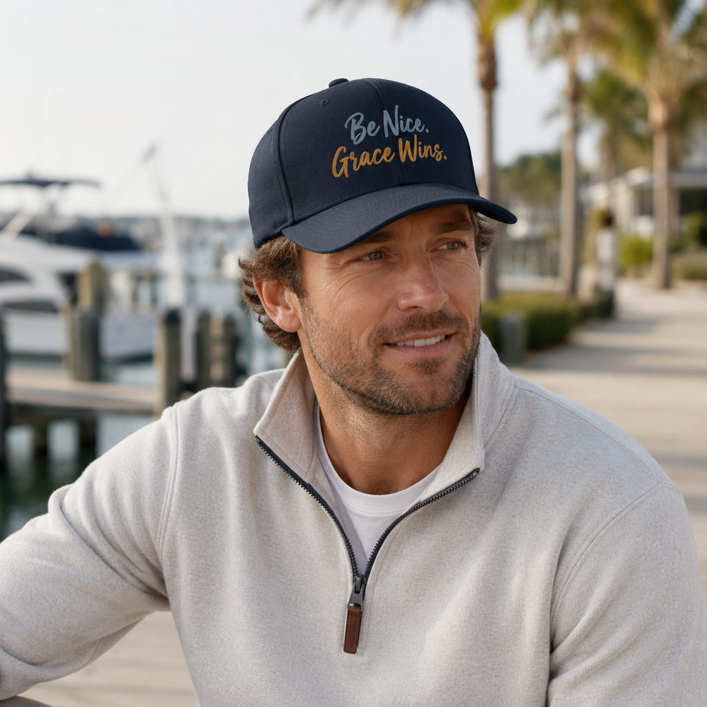 Man wearing the Be Nice Grace Wins Structured Cap in Navy near a marina