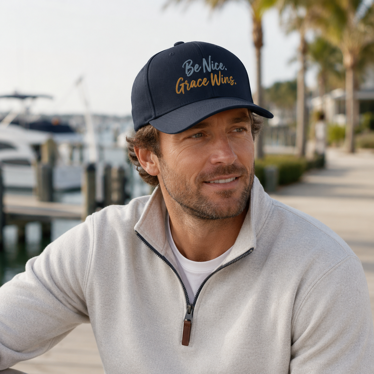 Man wearing the Be Nice Grace Wins Structured Cap in Navy near a marina