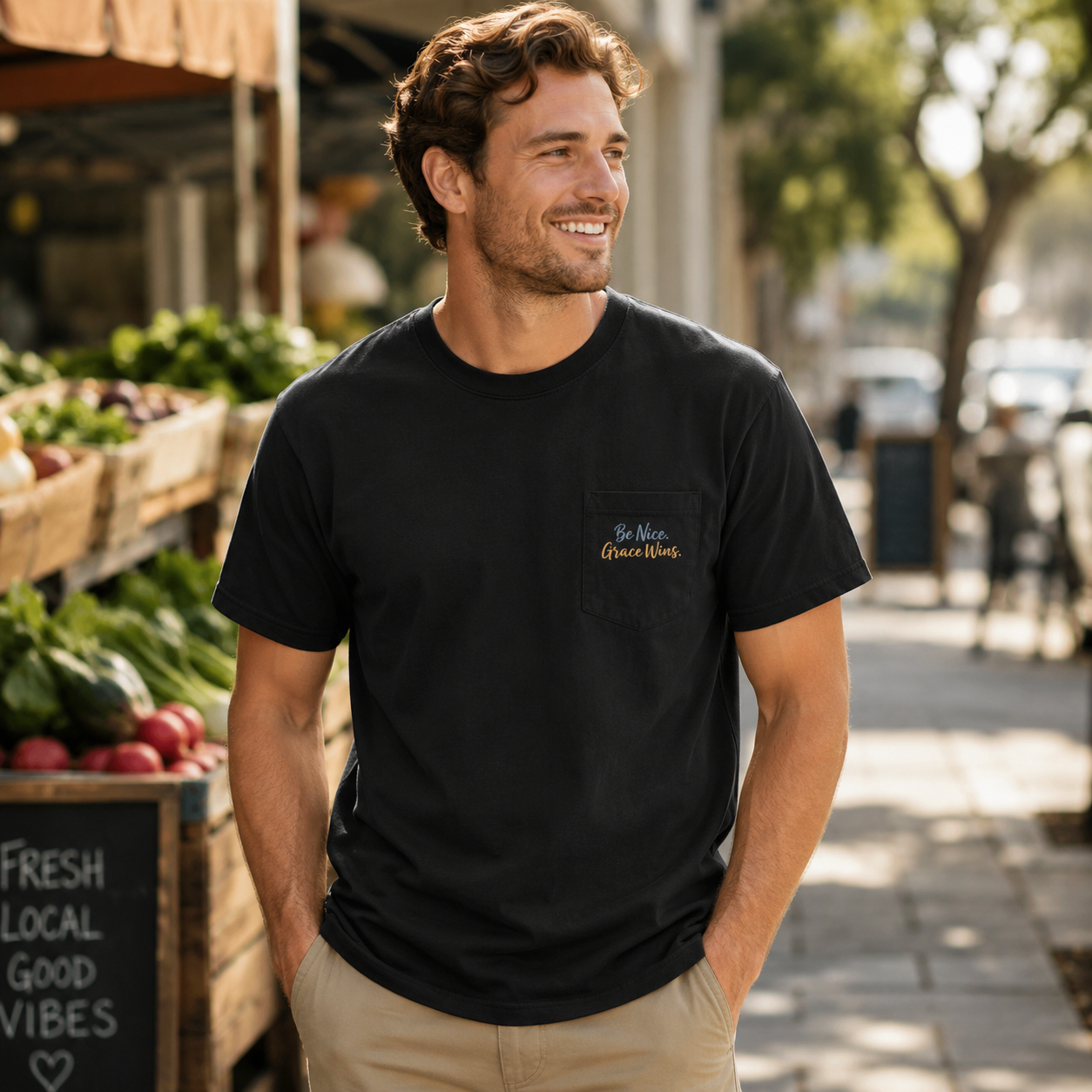 Man wearing the Everyday Pocket Tee in Black at a sidewalk market