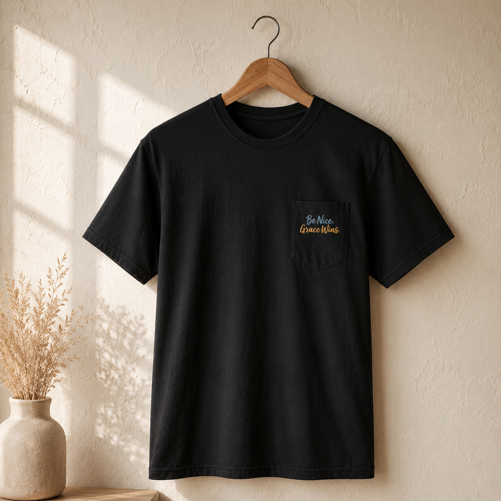 Everyday Pocket Tee in Black hanging in warm window light