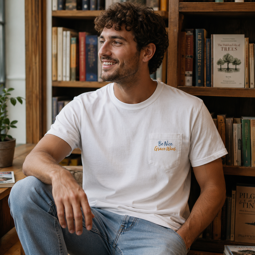 Man wearing the Everyday Pocket Tee in White beside a bookshelf