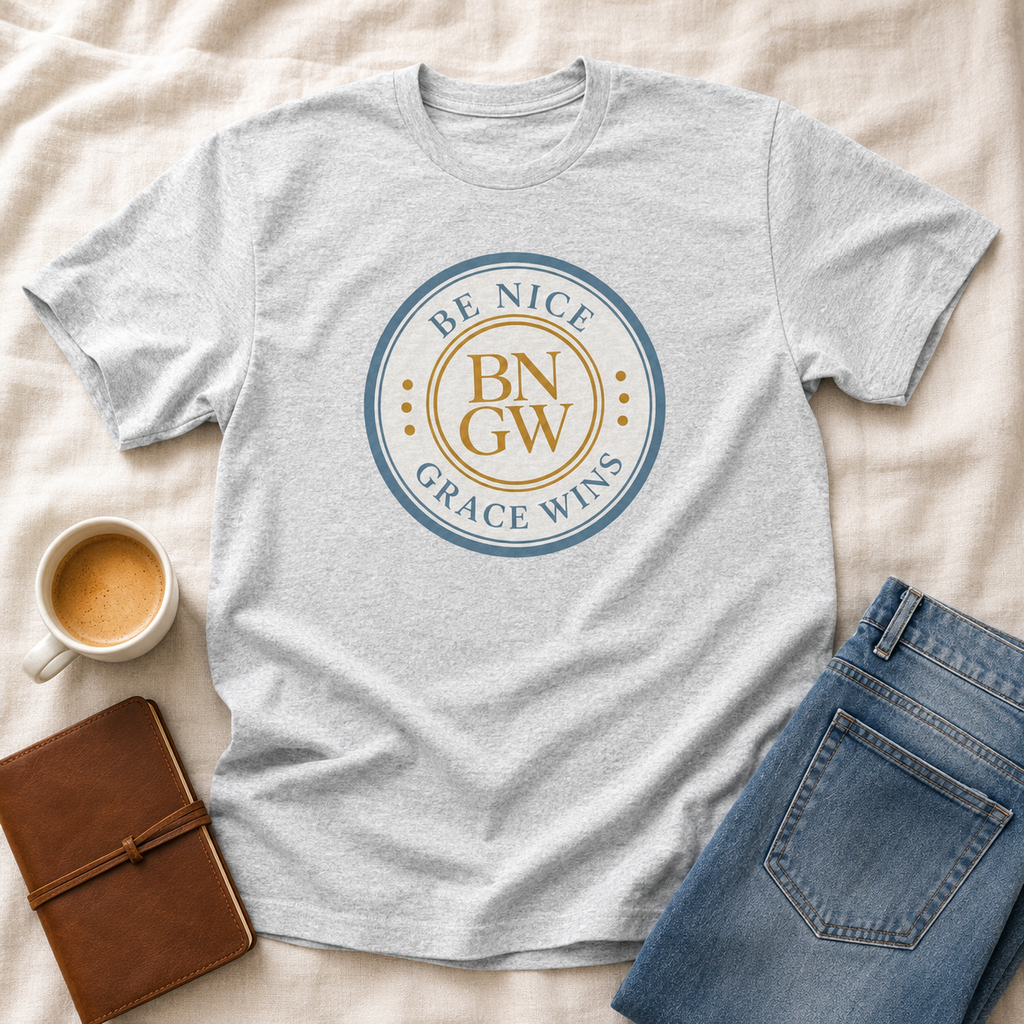 Tri-Blend Tee in Athletic Heather styled with coffee, denim, and notebook