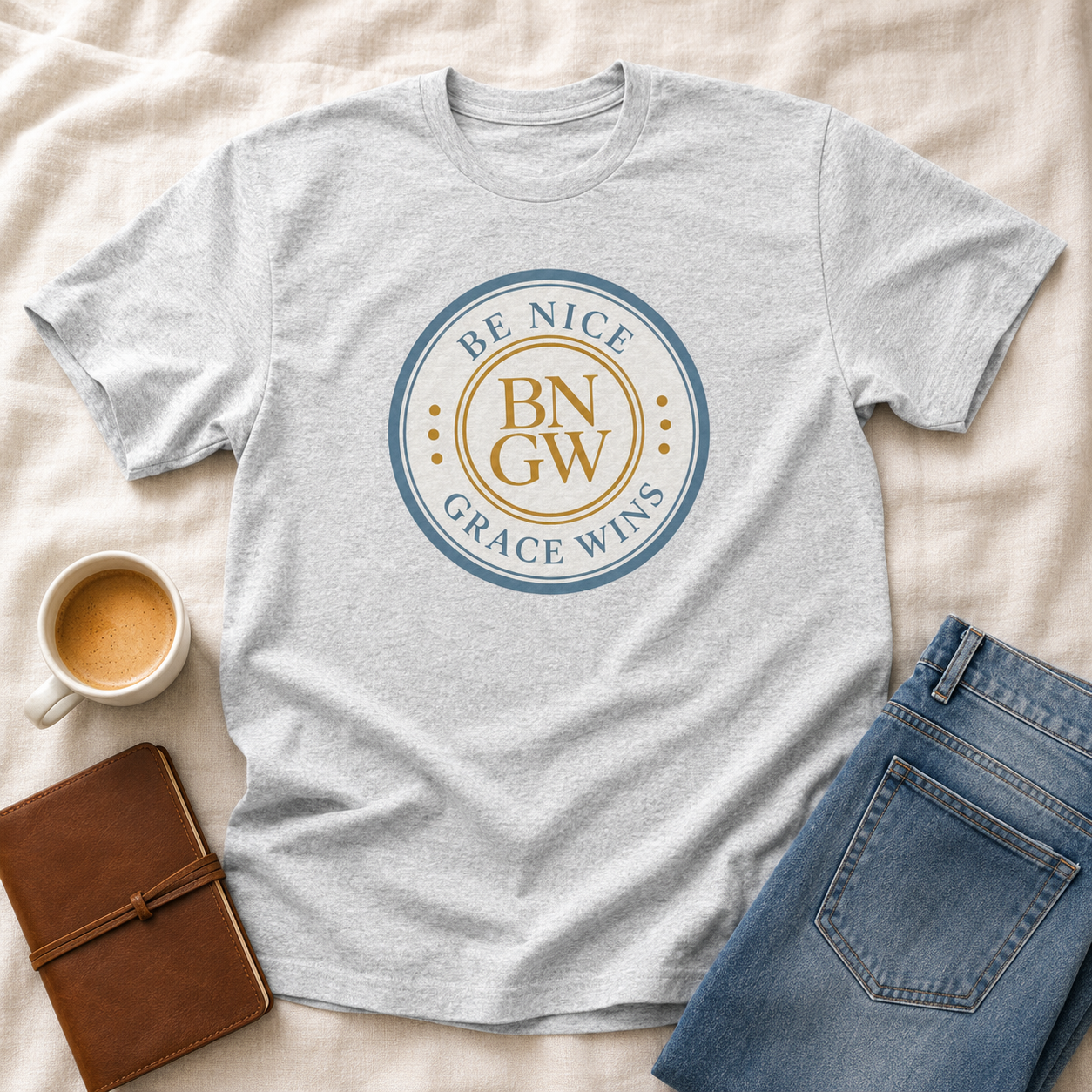 Tri-Blend Tee in Athletic Heather styled with coffee, denim, and notebook