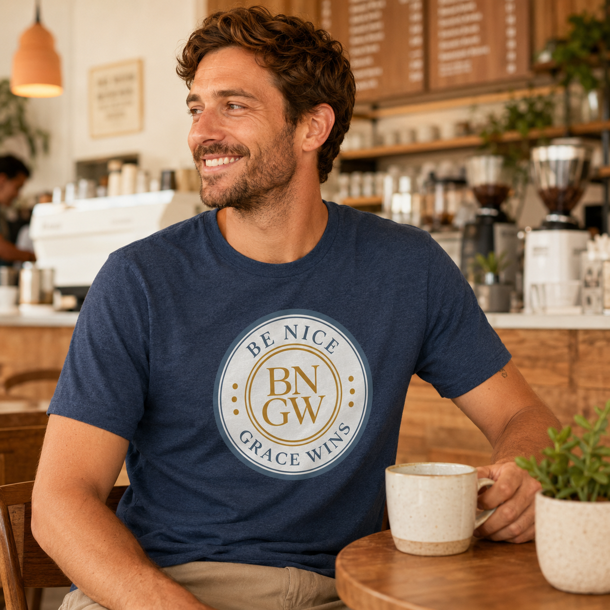 Man wearing the Tri-Blend Tee in Vintage Navy at a cafe table